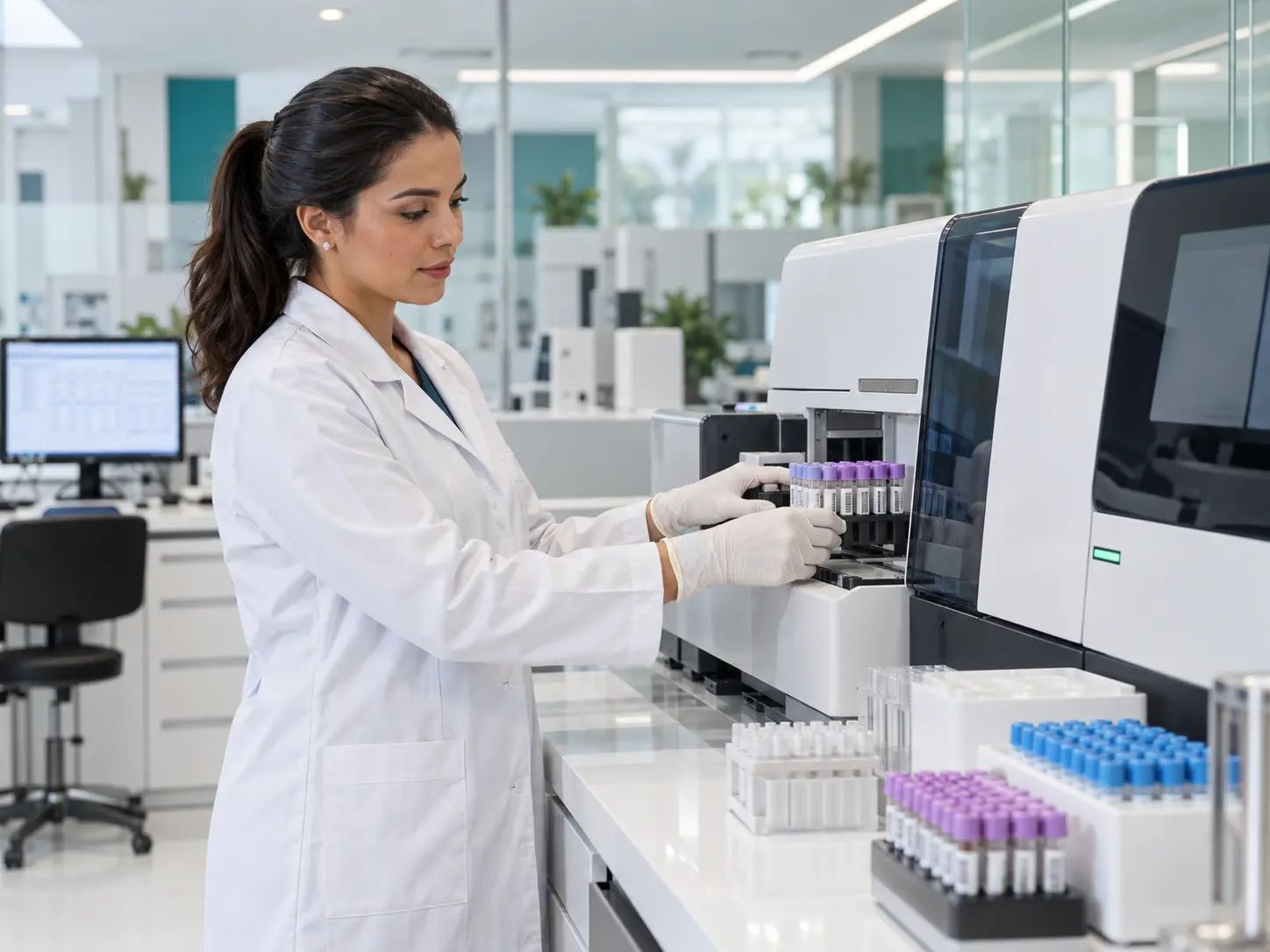 Biomédica trabalhando com equipamento moderno de análises clínicas